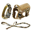 A tan tactical dog harness with a collar and MOLLE pouches shown in various views.
