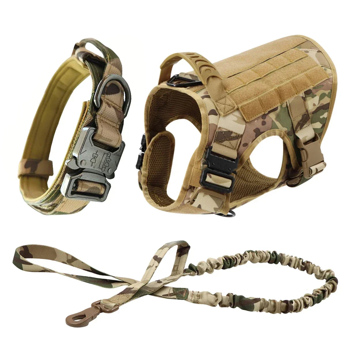 A tan tactical dog harness with a collar and MOLLE pouches shown in various views.