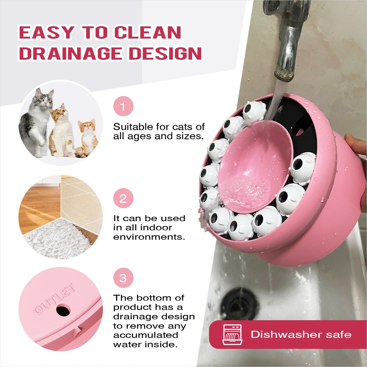 Rosa Katzenpuzzle-Schale mit Drainageldesign neben einem Wasserhahn und Zutaten