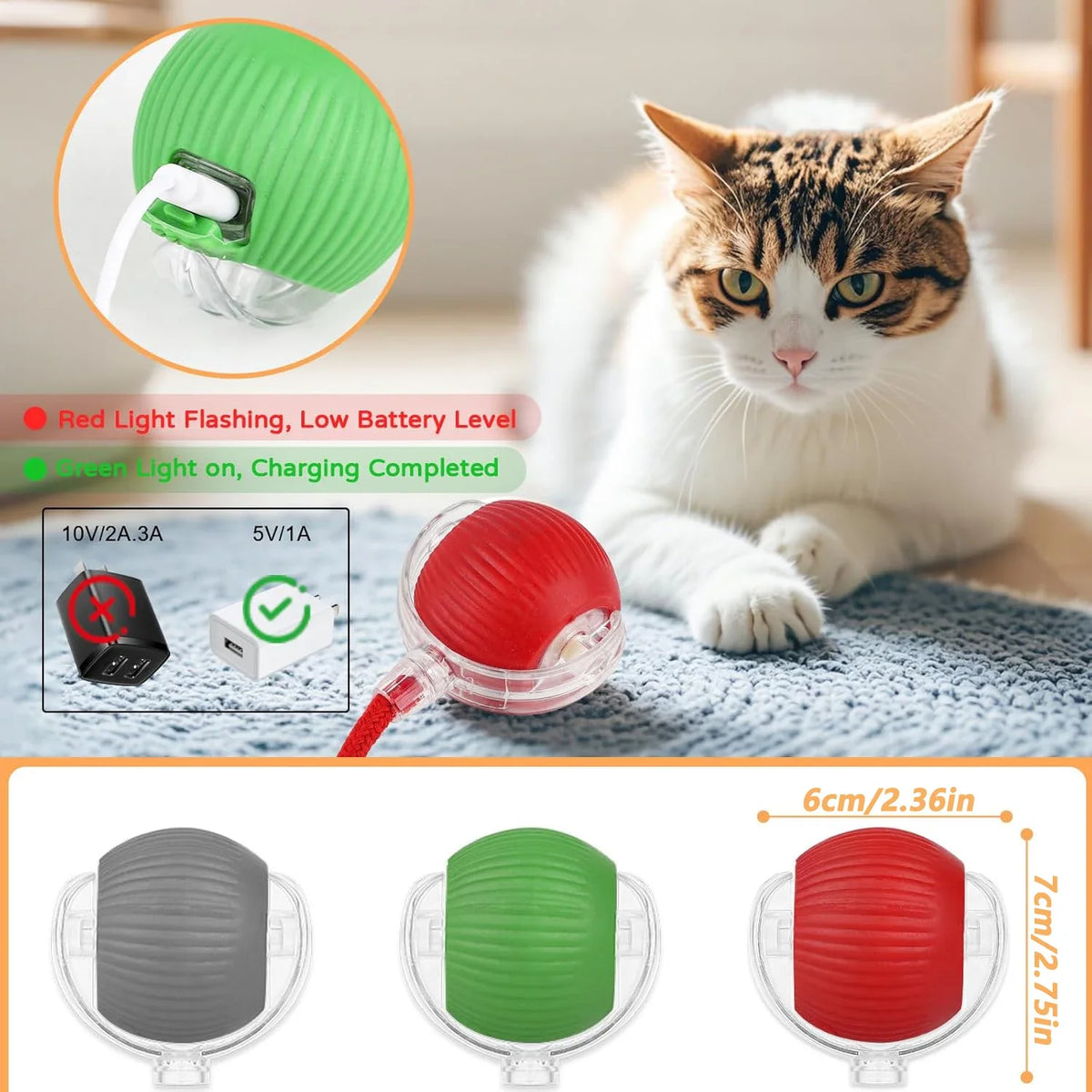 A close-up view of an interactive automatic rolling cat toy in red and green colors, shown alongside a domestic cat.
