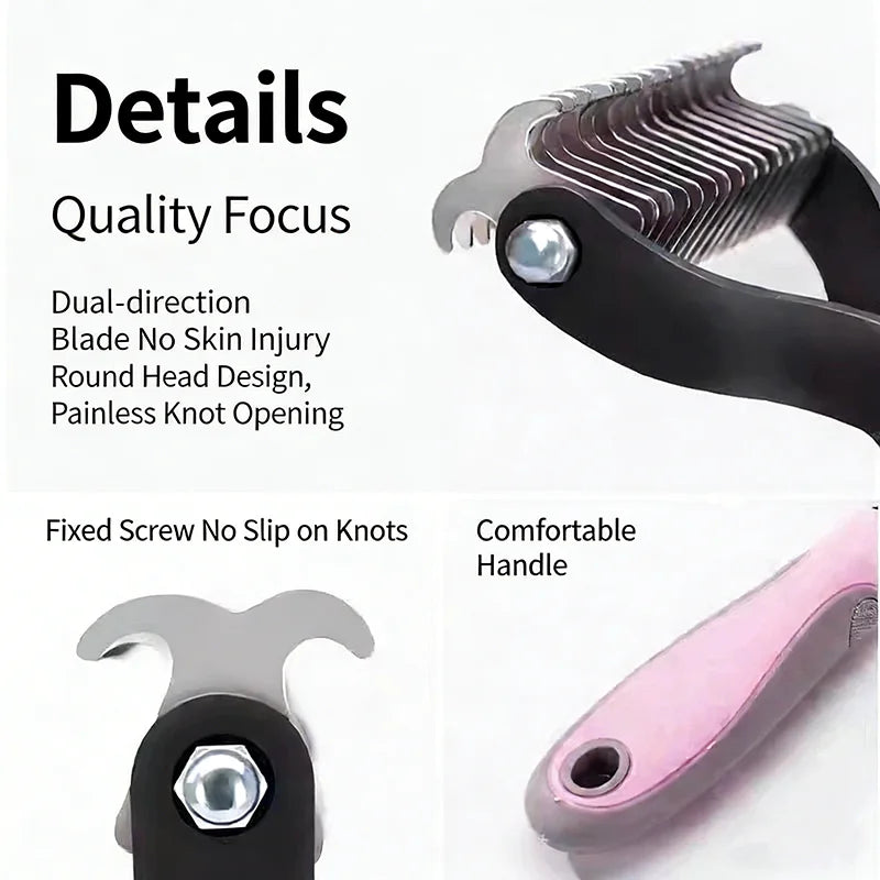 Close-up view of a stainless steel pet hair remover comb with a round head design and a pink handle.