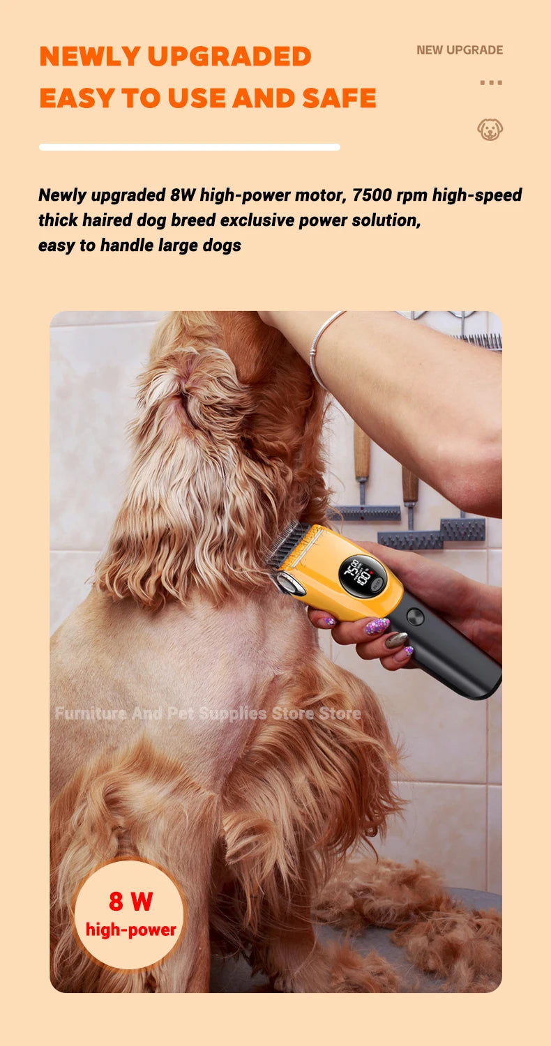 A person is using a yellow cordless pet grooming clipper on a dog's fur.