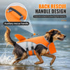 An orange and gray dog life jacket is shown in action, rescuing a dog from drowning in water.