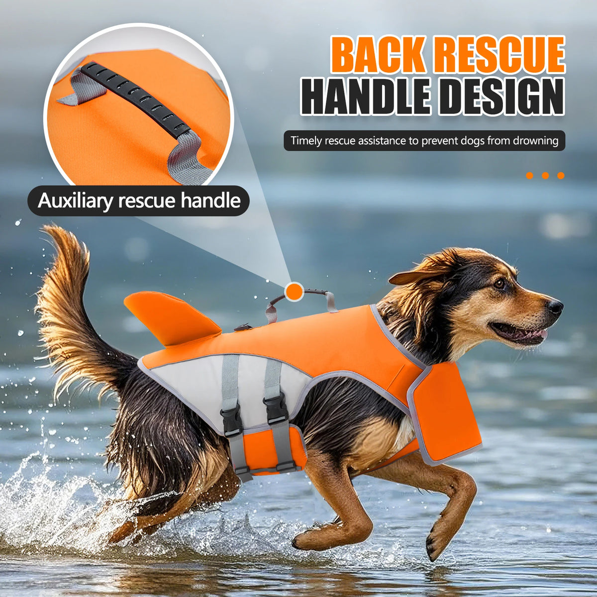 An orange and gray dog life jacket is shown in action, rescuing a dog from drowning in water.
