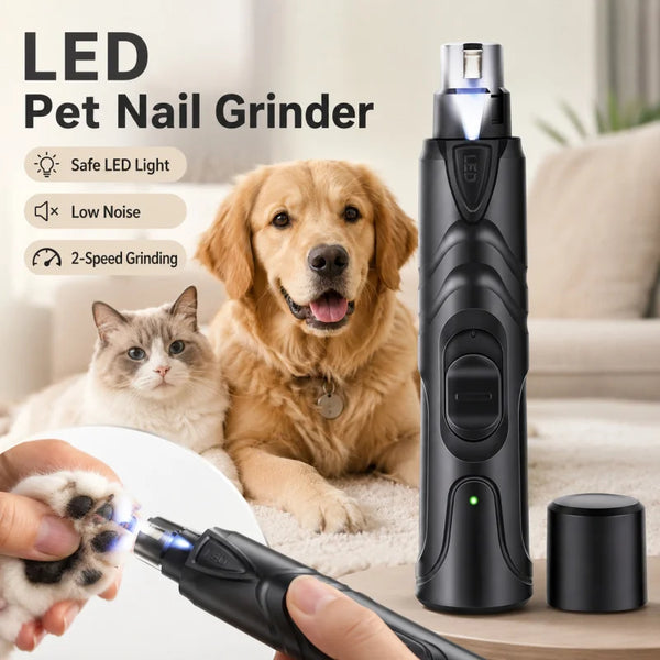 A black LED pet nail grinder is shown next to a dog and a cat, with a hand holding a nail being ground.