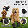 A golden retriever wearing black silicone pet rain boots, demonstrating the fit and protection features.