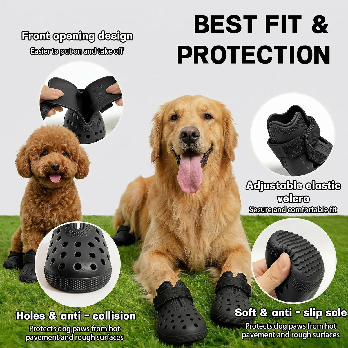 A golden retriever wearing black silicone pet rain boots, demonstrating the fit and protection features.