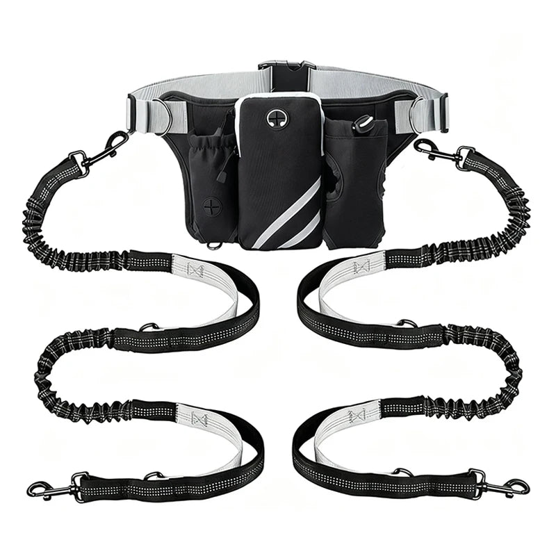 A black and silver hands-free reflective dog leash with a storage bag and adjustable collar.