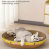 A white cat is relaxing in a round, woven scratching post designed for claws and furniture protection.
