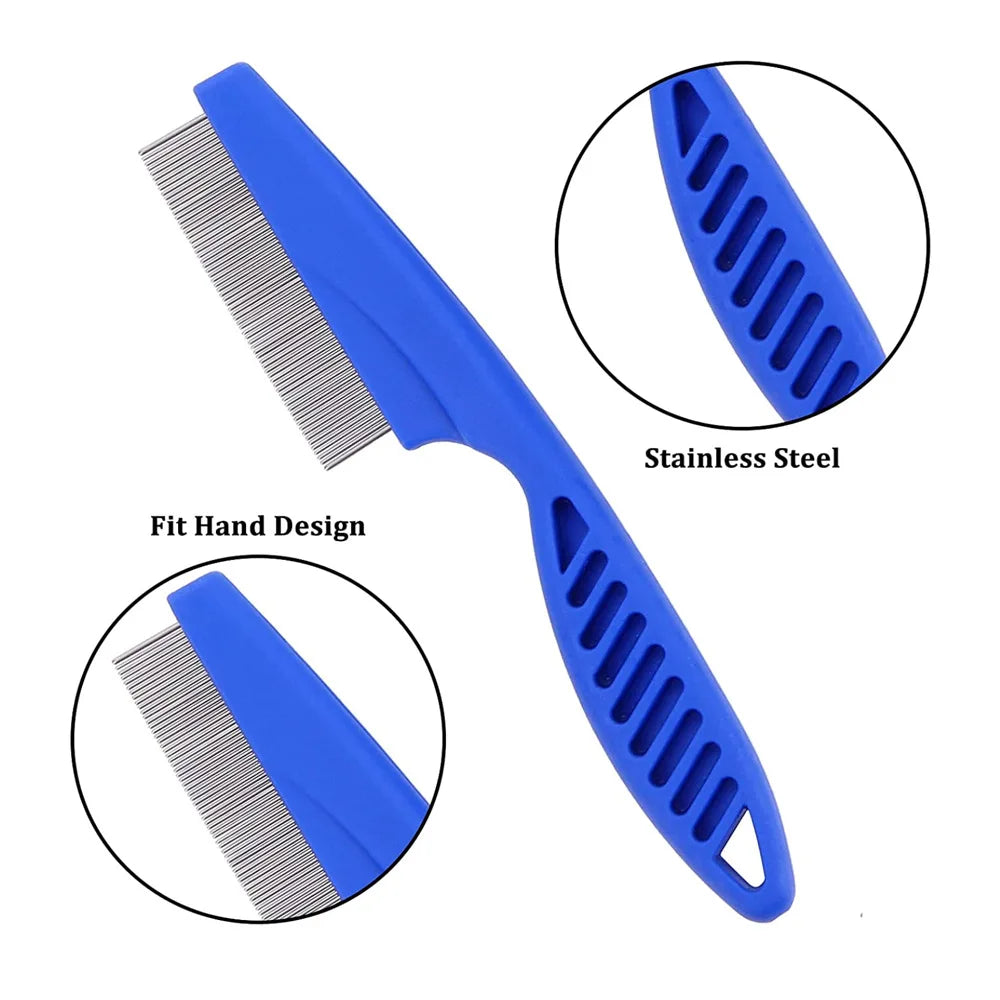 Set de peine para mascotas azul con dientes de acero inoxidable y mango, mostrado con primeros planos de la peineta y detalle
