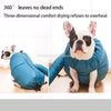 A British Bulldog wearing a blue drying bag, demonstrating the 360 degree leaves no dead ends feature.