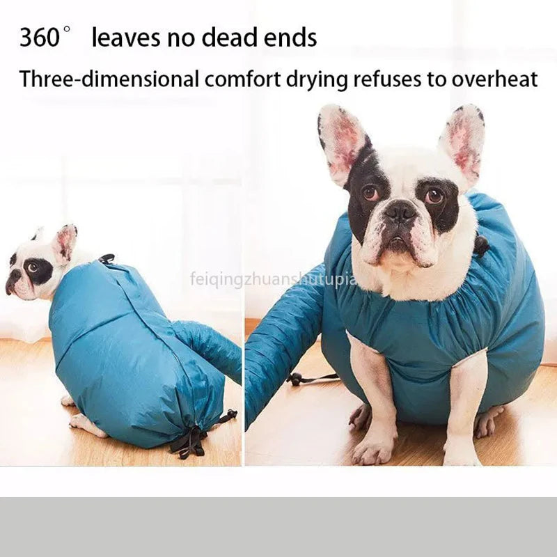 A British Bulldog wearing a blue drying bag, demonstrating the 360 degree leaves no dead ends feature.