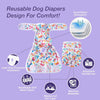Reusable dog diapers featuring a floral pattern with leak-free features and breathable mesh fabric.