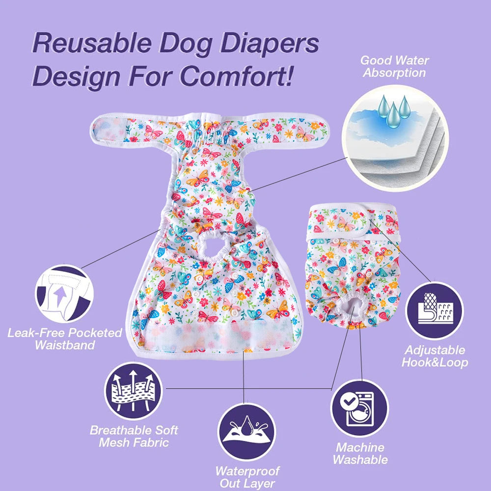 Reusable dog diapers featuring a floral pattern with leak-free features and breathable mesh fabric.