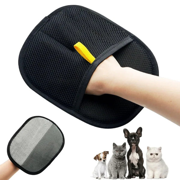 A black pet hair removal grooming glove is shown being used on a hand, with several cats and a dog visible below.