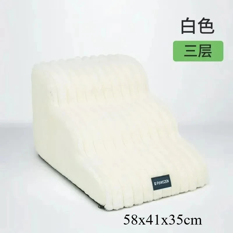 White pet safety climbing stairs for dogs shown in a side view with dimensions 58x41x35 cm