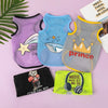 A collection of five breathable mesh summer pet vests featuring various cute cartoon prints and colors.
