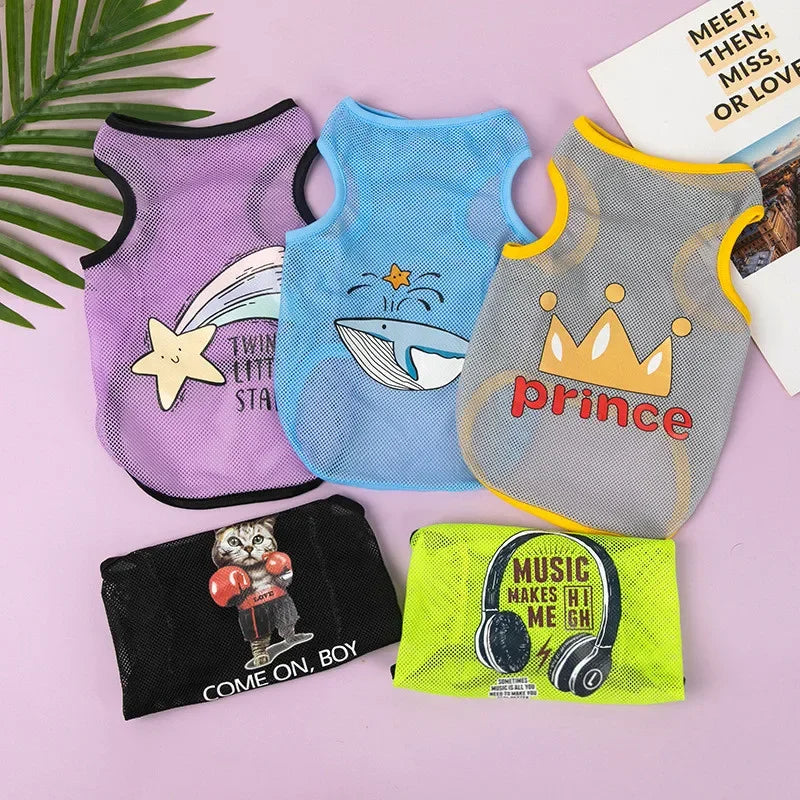 A collection of five breathable mesh summer pet vests featuring various cute cartoon prints and colors.