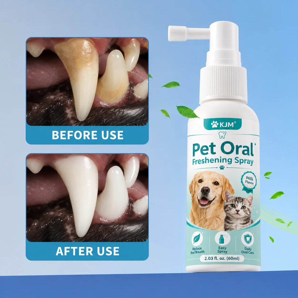 A bottle of Pet Oral Freshening Spray for dogs and cats with a white pump dispenser.