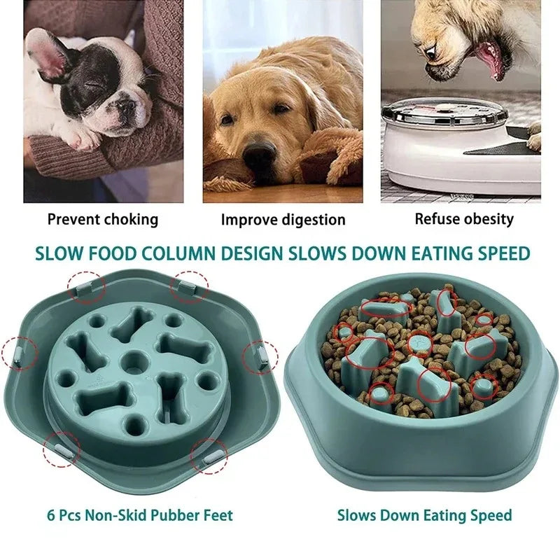 Anti-choking slow feeder dog bowl with puzzle design featuring silicone feet and various feeding options