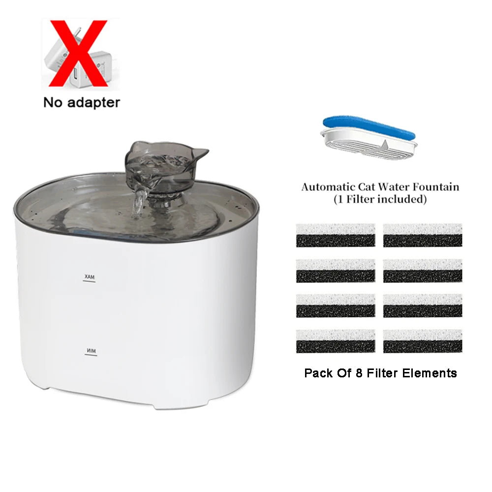 White automatic cat water fountain with a clear bowl and an included filter element.