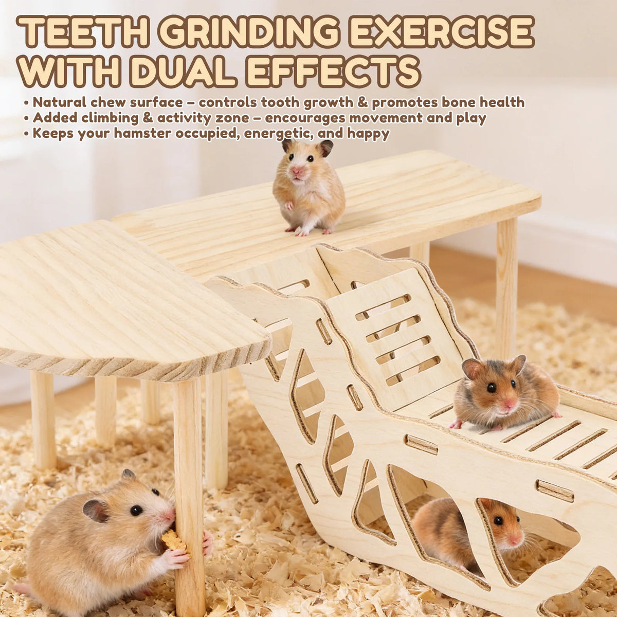 A natural wood hamster climbing and exercise set with a wooden chew surface and an activity zone, featuring hamsters.