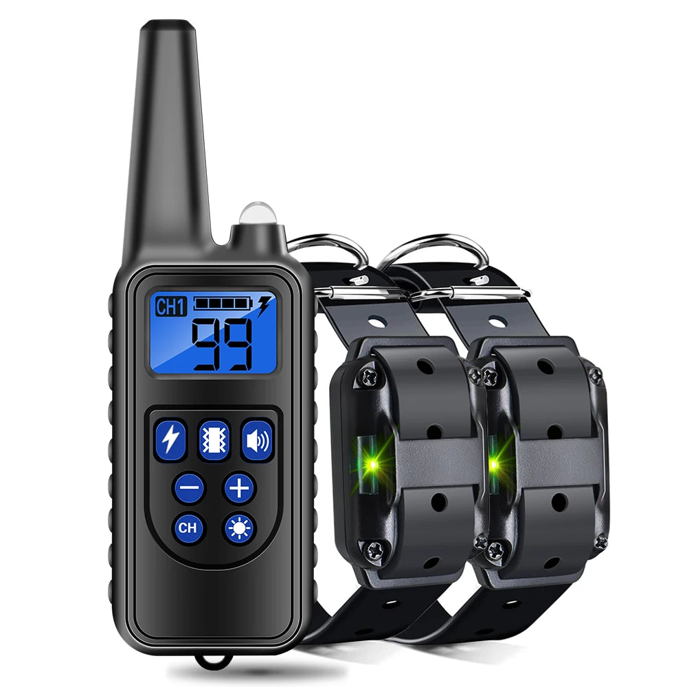 A black waterproof remote dog training collar with an LCD display and multiple buttons.