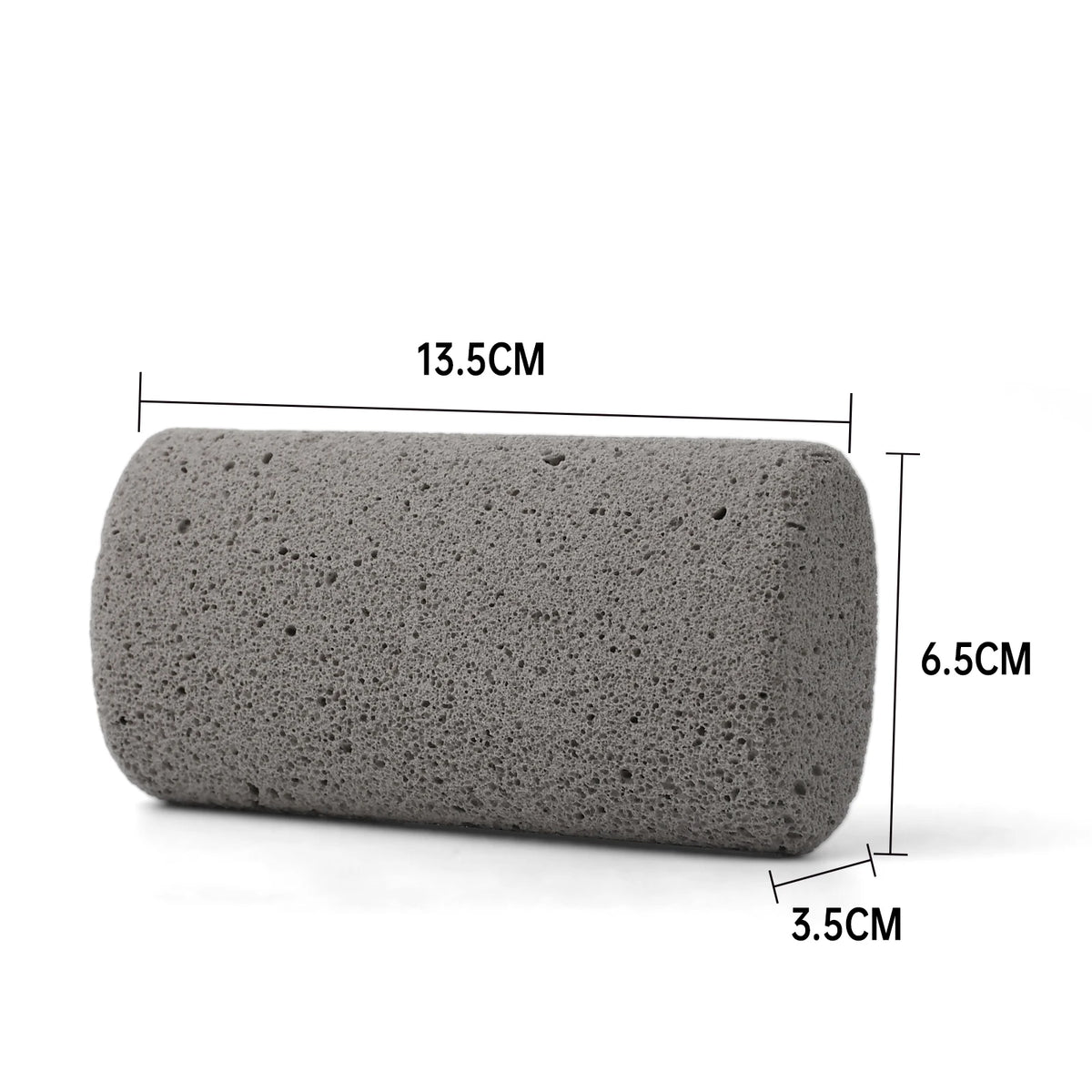 A gray pumice pet hair remover brush with dimensions 13.5cm by 6.5cm by 3.5cm.