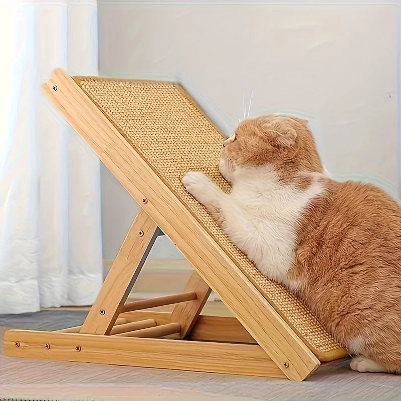 A fluffy orange and white cat is relaxing on a wooden sisal scratching post for scratching.