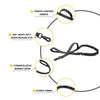 Diagram showing features of a heavy-duty tactical dog leash including a traffic control handle, quick release clip, bungee le
