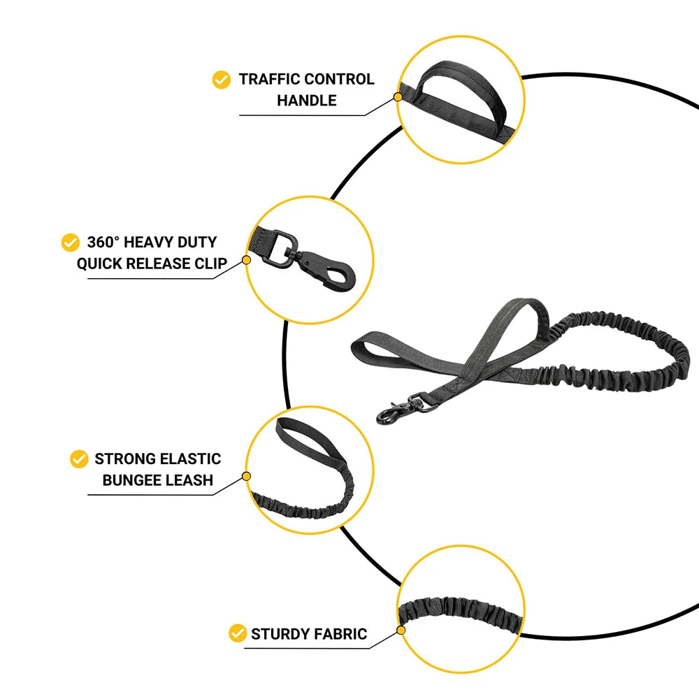 Diagram showing features of a heavy-duty tactical dog leash including a traffic control handle, quick release clip, bungee le