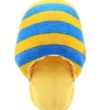 Yellow and blue striped plush dog slipper toy for chewing