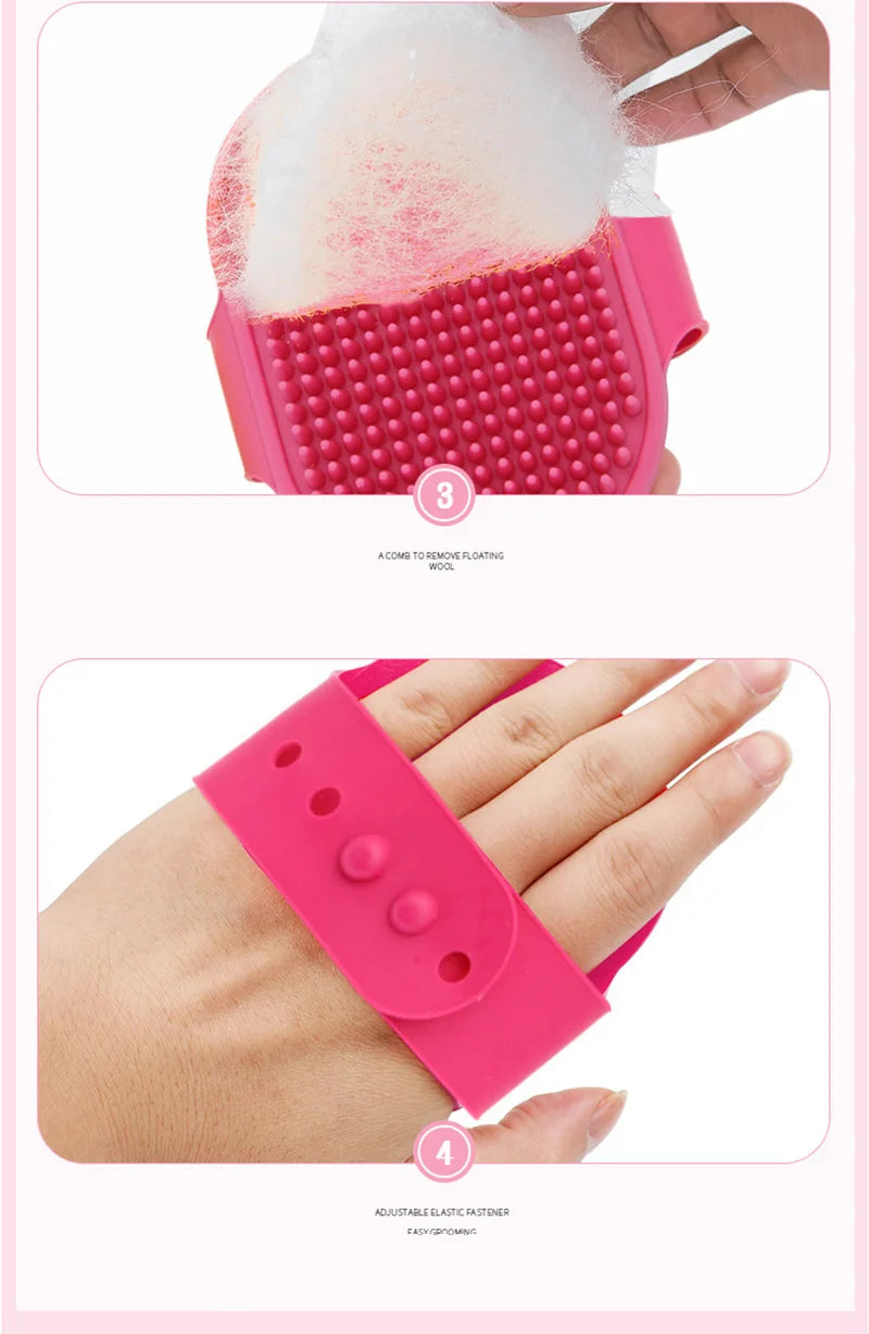A pink rubber pet grooming brush with a floating wool attachment and an adjustable elastic fastener.