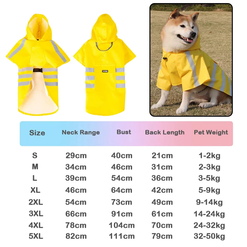 Gelber wasserdichter reflektierender Hunde-Regenmantel mit Kapuze und Streifen, gezeigt neben einem Hund, der ihn trägt.