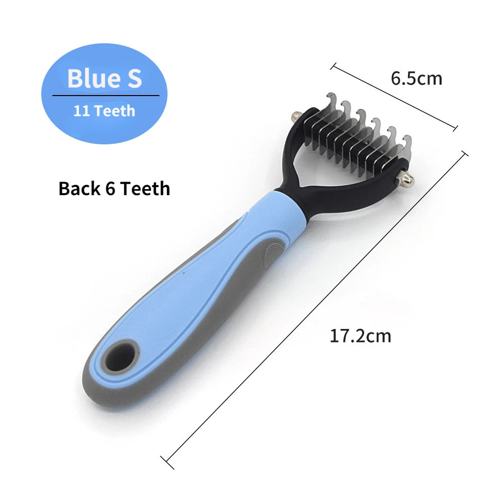 Blue S pet deshedding comb with a 6-tooth back and a 11-tooth comb, shown against a white background.