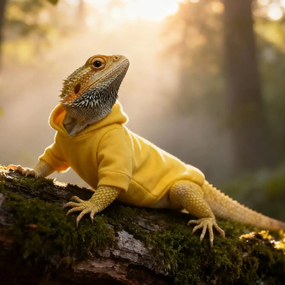 A yellow hooded clothing set worn by a bearded dragon perched on a mossy tree branch in a foggy forest.