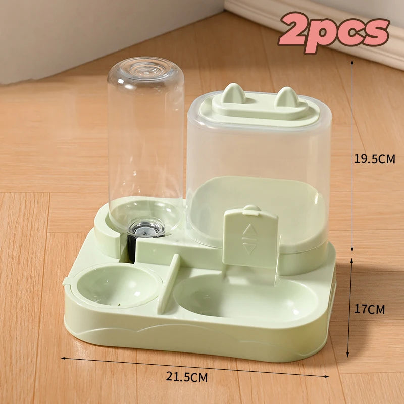 A light green 2-in-1 automatic pet water and food feeder with separate compartments for liquid and solid food.