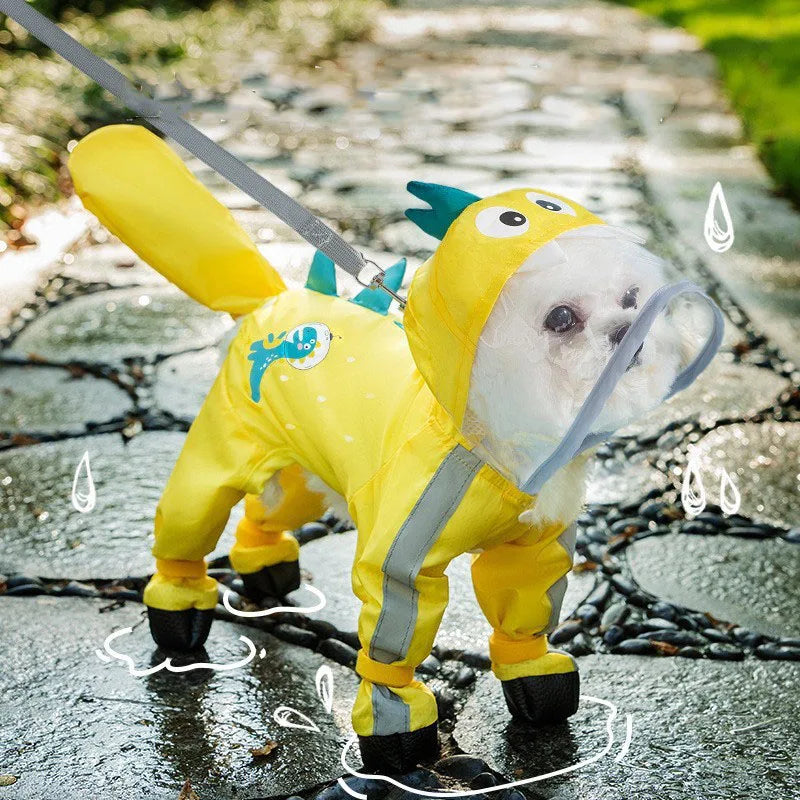 Un cachorro de perro amarillo con impermeable parado en pavimento mojado.