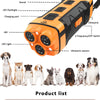 An orange and black ultrasonic dog bark control device with various sensors and switches is shown next to a row of dogs.