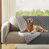 A golden retriever lies on a gray pet mat in a modern living room setting.