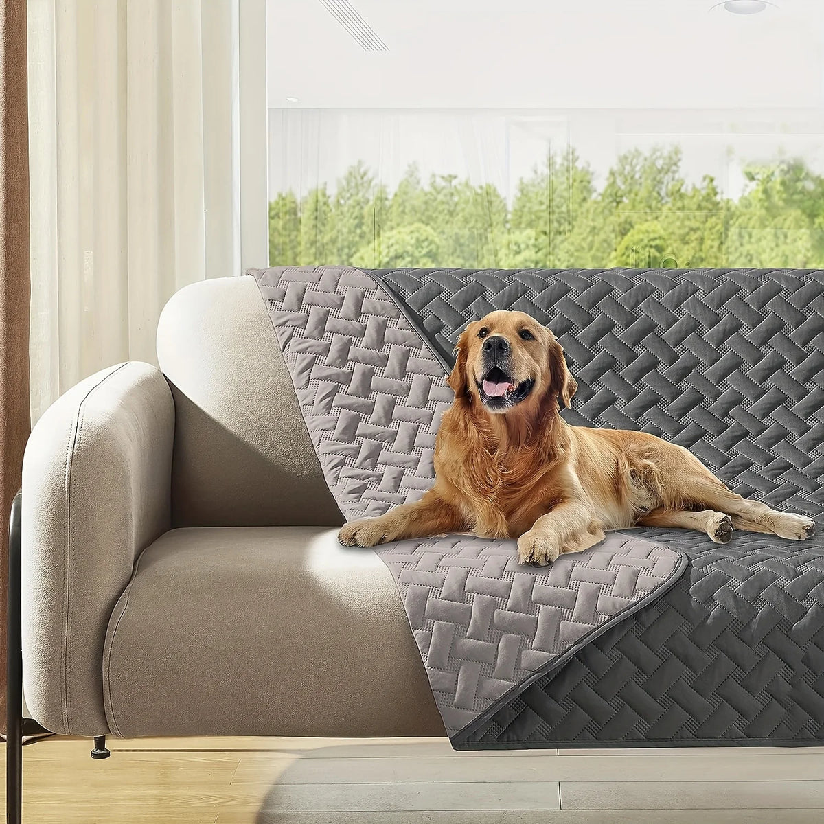A golden retriever lies on a gray pet mat in a modern living room setting.