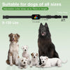 A black adjustable dog training collar with a remote control and color screen is shown next to several dogs of various sizes.