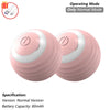 A pink, spherical automatic rolling cat toy with a white top and side view of the operating mode.