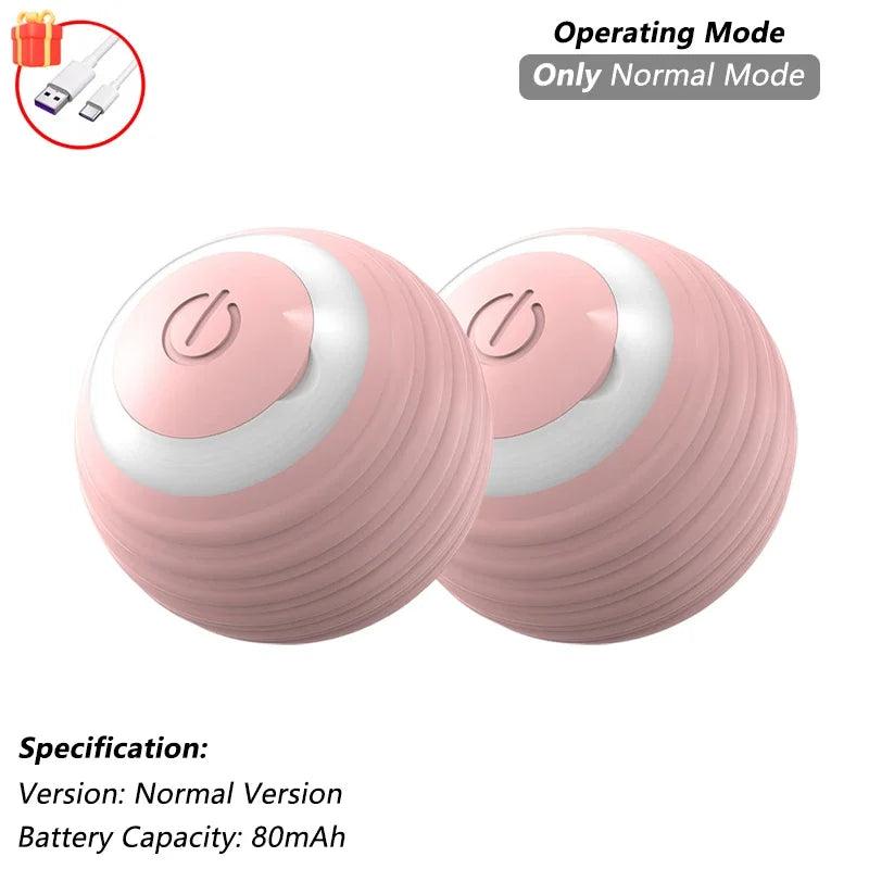 A pink, spherical automatic rolling cat toy with a white top and side view of the operating mode.