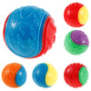 A collection of colorful durable squeaky chew balls for dog teeth cleaning, including blue, red, green, orange, and yellow va
