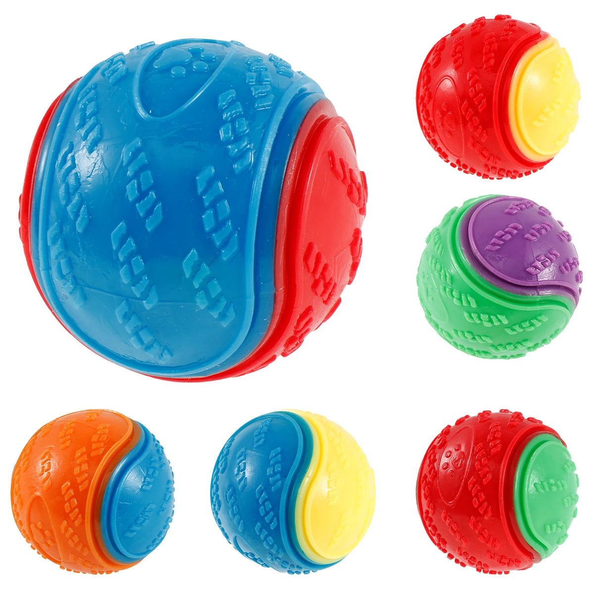 A collection of colorful durable squeaky chew balls for dog teeth cleaning, including blue, red, green, orange, and yellow va