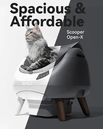 A gray cat is positioned on a white automatic litter box, with text advertising spacious and affordable options.
