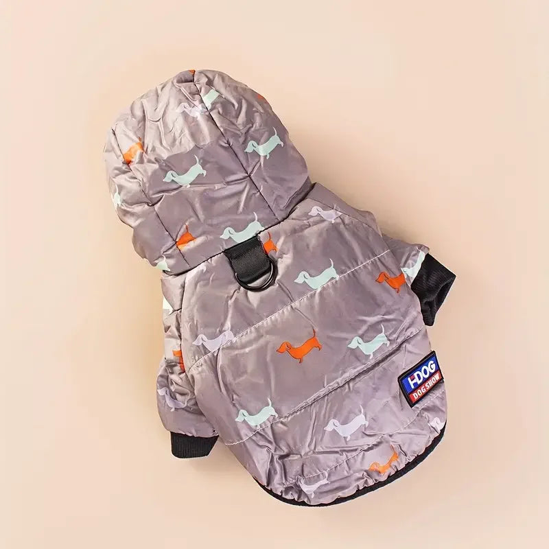 Abrigo térmico acolchado con capucha para perros y gatos en color lila claro o gris.