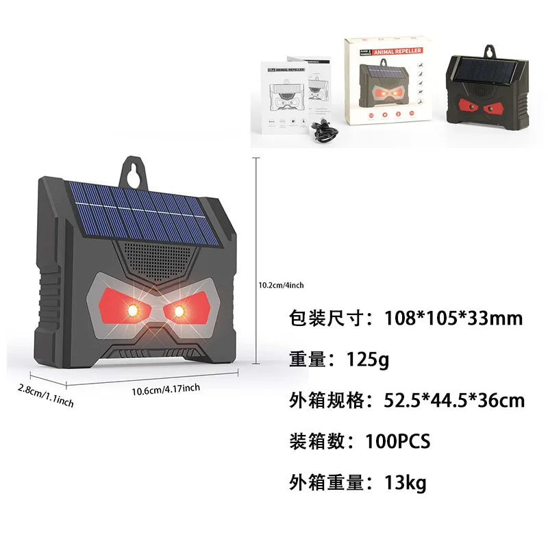 A black solar ultrasonic animal repeller device with a motion sensor and solar panel is shown next to its packaging.