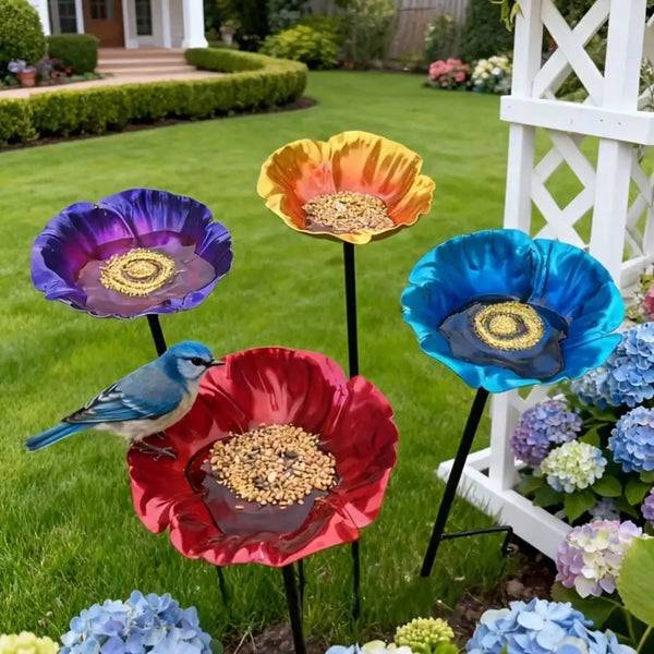 Colorful flower feeders shaped like open petals, featuring a bird feeder design with an adjustable tray.